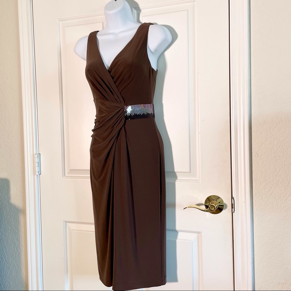 Anne Klein Mink Brown Jersey & Sequin Trim Cocktail 🍸 Dress